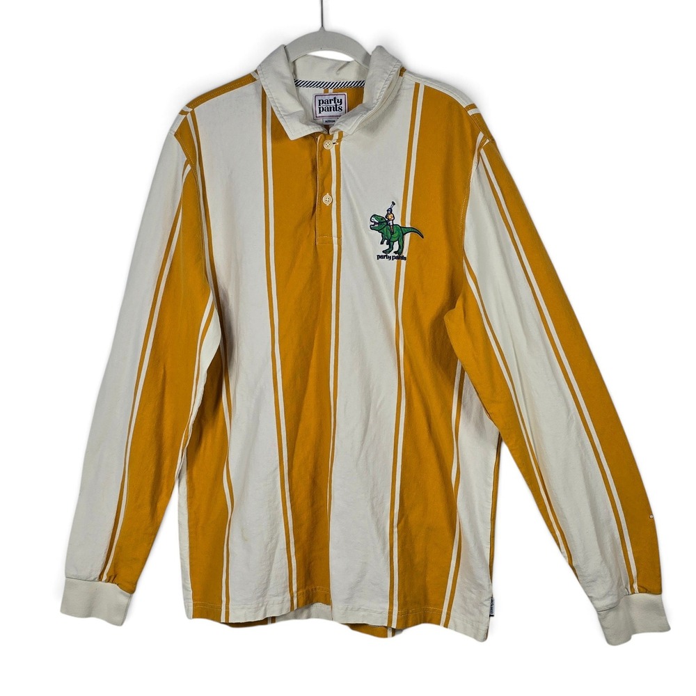 Party Pants Polo Rugby Shirt Men Medium Yellow White Striped T-Rex Dinosaur